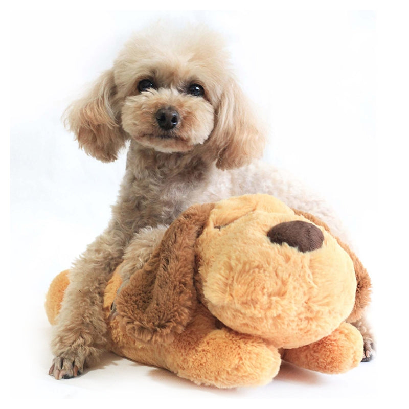 A dog leaning to the dog plush toy